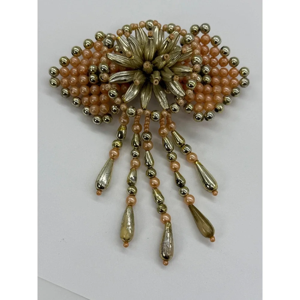 Vintage Faux Pearl Beaded Big Bow Dangle Hair Barrette French Clip Peach Gold